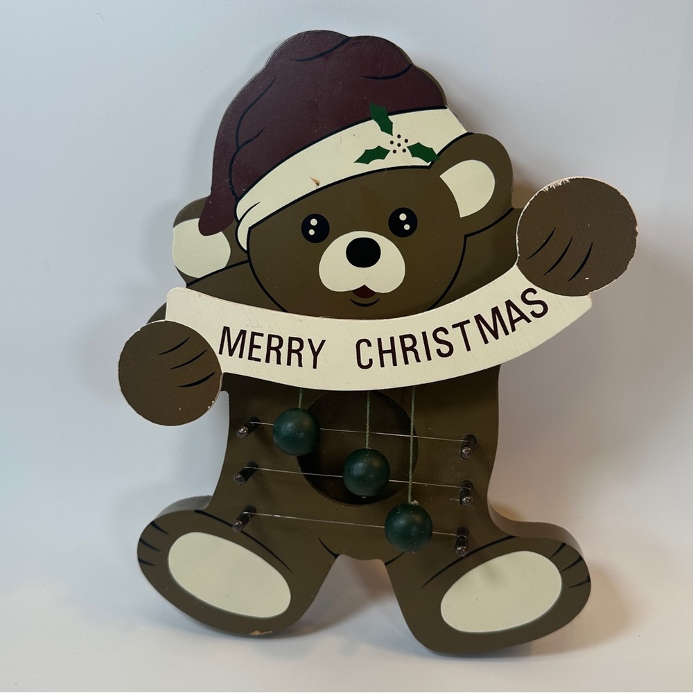 VTG Merry Christmas Bear Door Harp Wooden Holiday Decor 1990